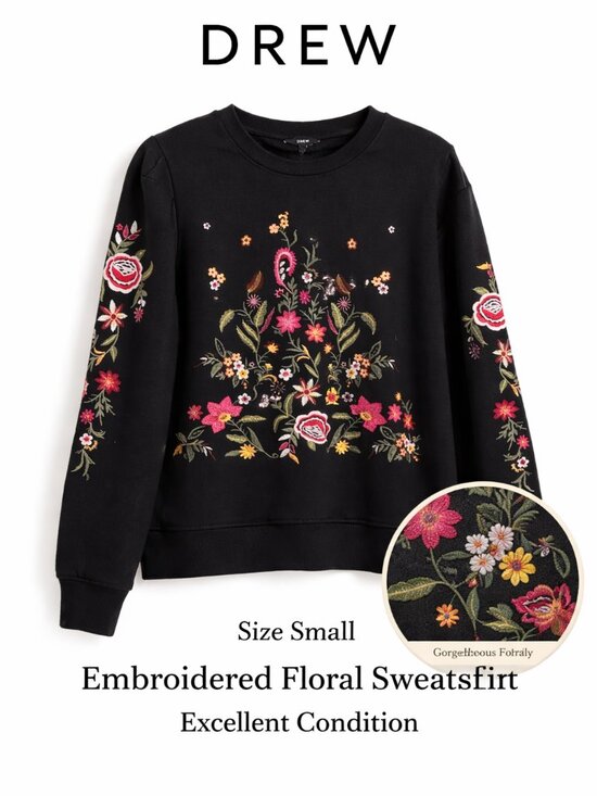 DREW Tops - Drew Floral Embroidered Sweatshirt Small Black Crewneck Boho Statement Pullover